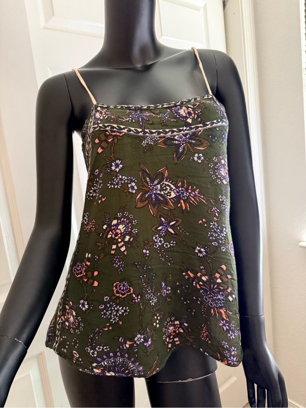 Free People Olive Green Floral Spaghetti Strap Cami